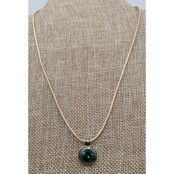 Napier Jewelry - Napier Signed Necklace Green Round Rhinestone Gold Tone Snake Chain Vintage